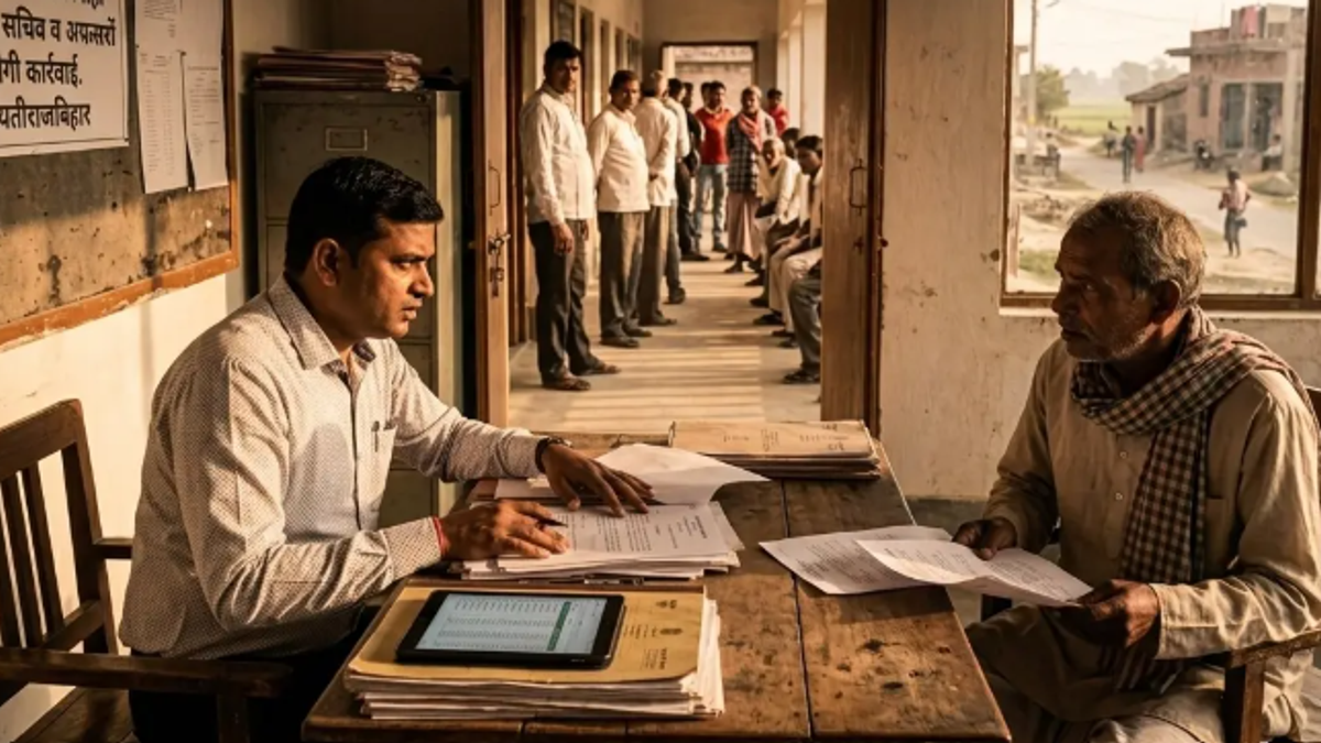 बिहार की एक ग्राम पंचायत में विकास कार्यों की समीक्षा करते अधिकारी और पंचायत प्रतिनिधियों की सांकेतिक तस्वीर।