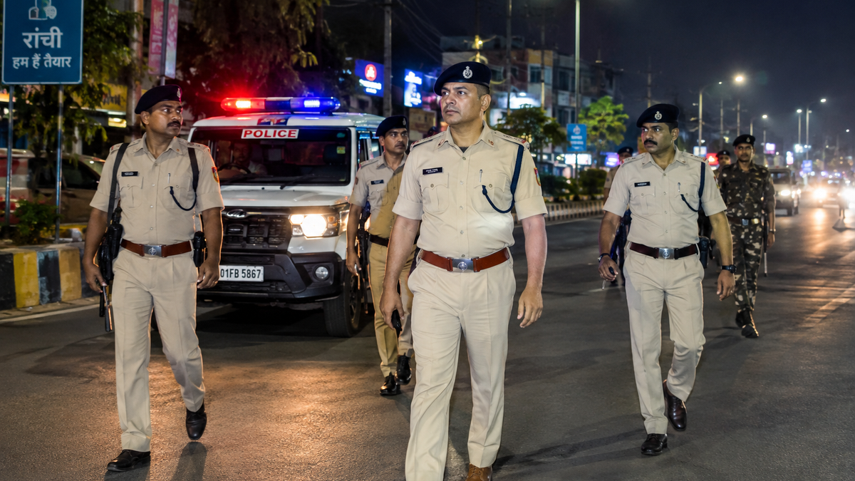 रांची में गश्त के दौरान संदिग्ध अपराधियों को पकड़ती पुलिस टीम