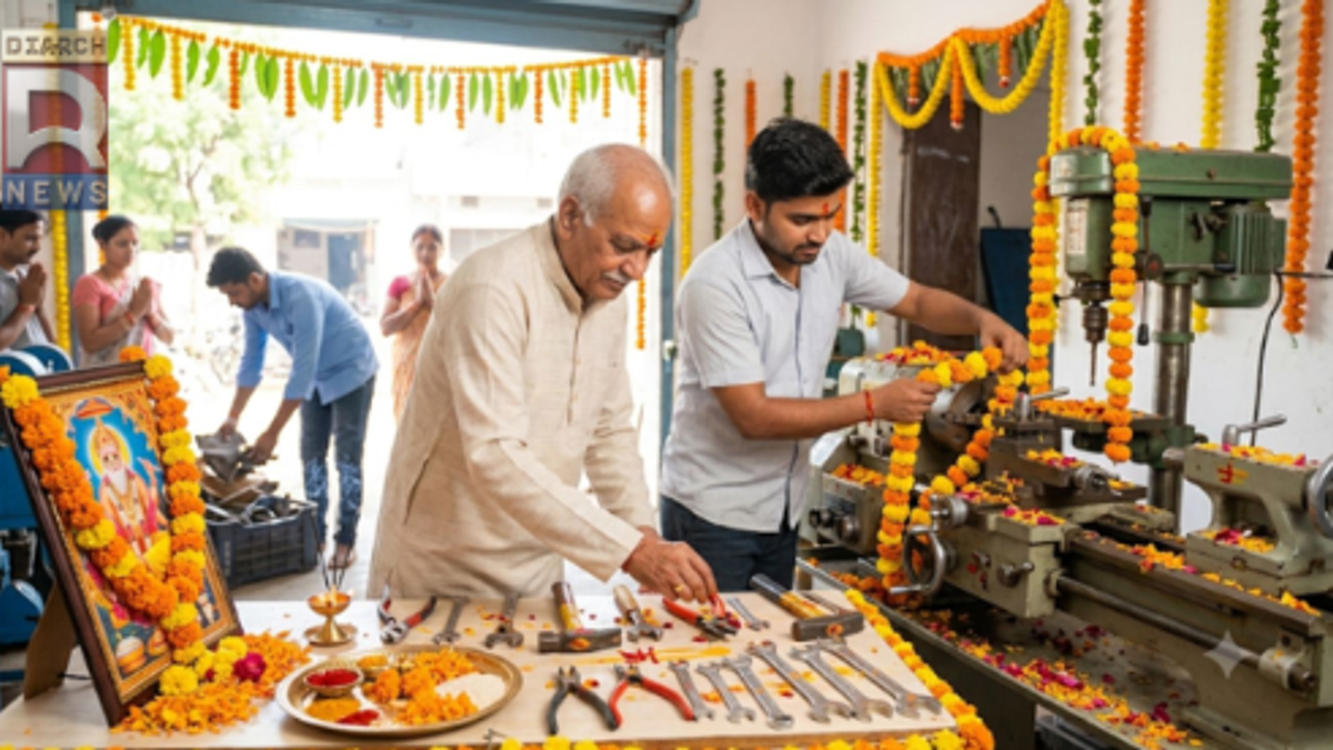 विश्वकर्मा पूजा पर भगवान की प्रतिमा के साथ मशीन, औजार और वाहन की पूजा करते श्रद्धालु।