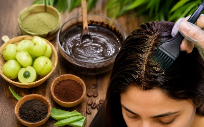 आंवला, चायपत्ती और कॉफी से बने घरेलू नेचुरल हेयर कलर को बालों में लगाती महिला।
