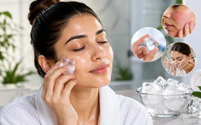 चेहरे पर कपड़े में लपेटी बर्फ से आइस फेशियल करती महिला।