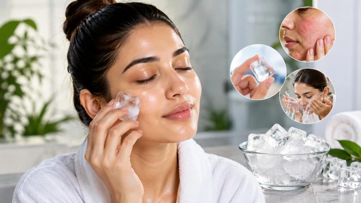 चेहरे पर कपड़े में लपेटी बर्फ से आइस फेशियल करती महिला।