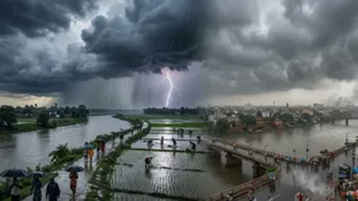 Alt Text:बिहार में मानसून ब्रेक के दौरान उमस भरे मौसम के बीच छाए बादल और बारिश की संभावना दर्शाता सांकेतिक दृश्य।