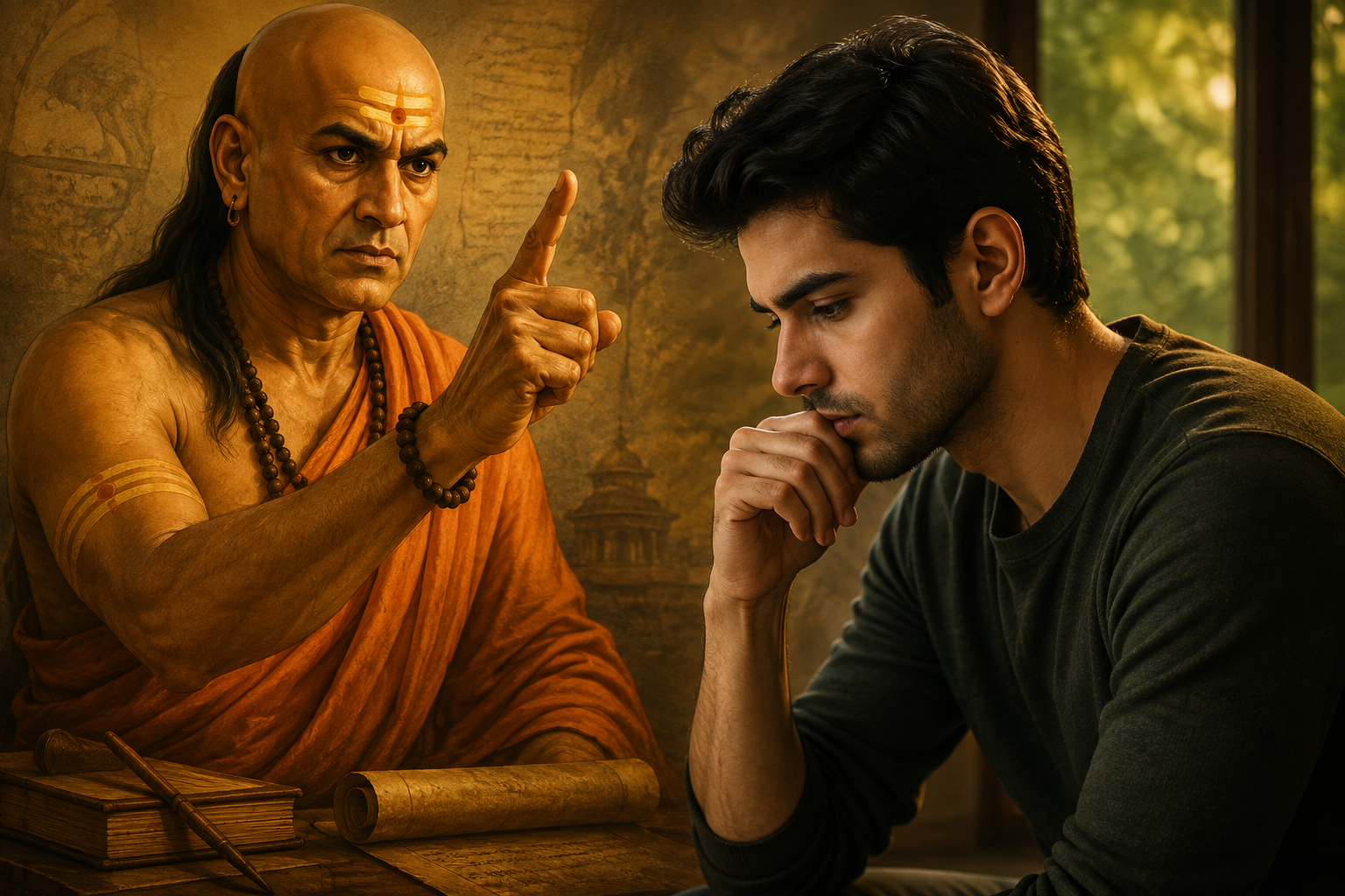 चाणक्य नीति के अनुसार निजी बातों और जीवन के महत्वपूर्ण फैसलों पर सोच-विचार करता व्यक्ति।