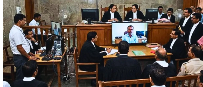 AI से बनाई गई सांकेतिक तस्वीर पटना की अदालत में 'न्यायश्रुति' डिजिटल गवाही प्रणाली के मॉक ट्रायल के दौरान वीडियो कॉन्फ्रेंसिंग के जरिए बयान दर्ज करने की प्रक्रिया।