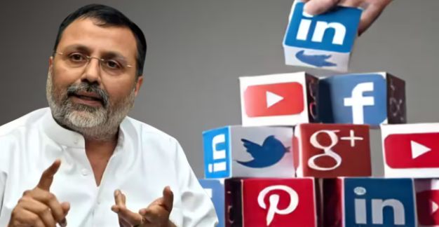 बीजेपी सांसद निशिकांत दुबे संसद परिसर में सोशल मीडिया कंपनियों पर बयान देते हुए