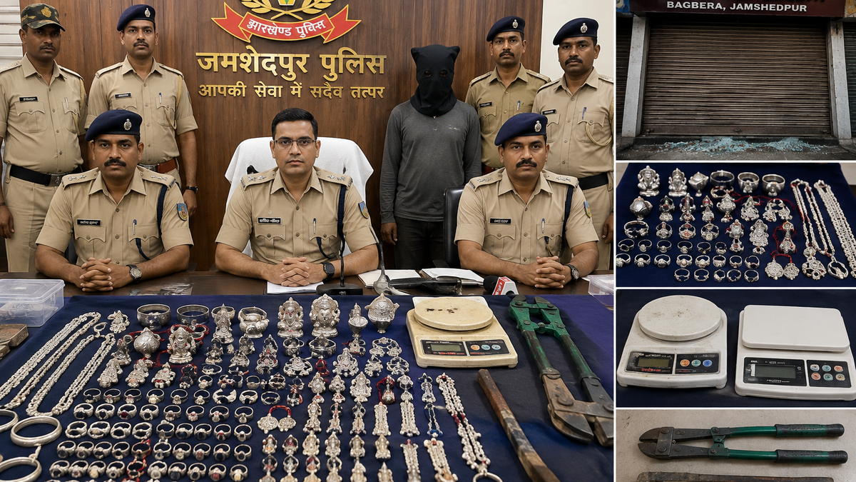 बागबेड़ा ज्वेलरी दुकान चोरी मामले में बरामद चांदी के आभूषण और चोरी के औजार
