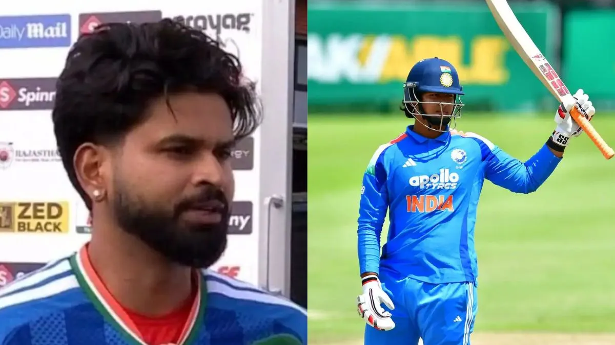 इंग्लैंड के खिलाफ पहले टी20 मैच में डेब्यू के दौरान बल्लेबाजी करते वैभव सूर्यवंशी और उनकी तारीफ करते कप्तान श्रेयस अय्यर।