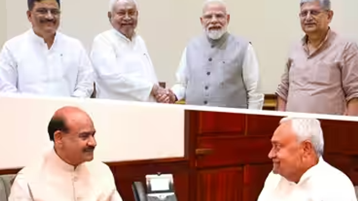 प्रधानमंत्री नरेंद्र मोदी और लोकसभा अध्यक्ष ओम बिरला से मुलाकात करते नीतीश कुमार।