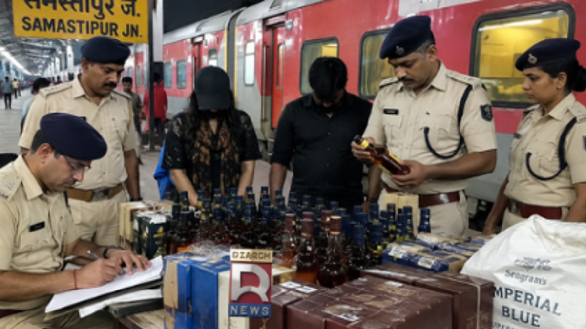समस्तीपुर में ट्रेन से शराब बरामदगी और पुलिस कार्रवाई का प्रतीकात्मक न्यूज दृश्य।