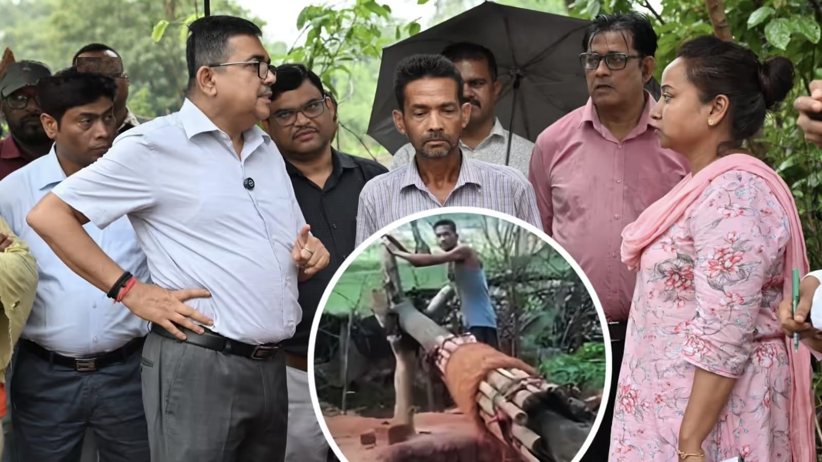 बोकारो के किसान गणेश महतो अपने द्वारा छह महीने की मेहनत से खोदे गए 29 फीट गहरे सिंचाई कुएं के पास खड़े हैं, जहां निरीक्षण के लिए जिला प्रशासन पहुंचा।