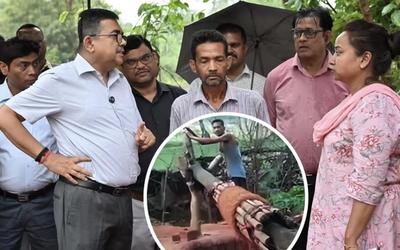 बोकारो के किसान गणेश महतो अपने द्वारा छह महीने की मेहनत से खोदे गए 29 फीट गहरे सिंचाई कुएं के पास खड़े हैं, जहां निरीक्षण के लिए जिला प्रशासन पहुंचा।