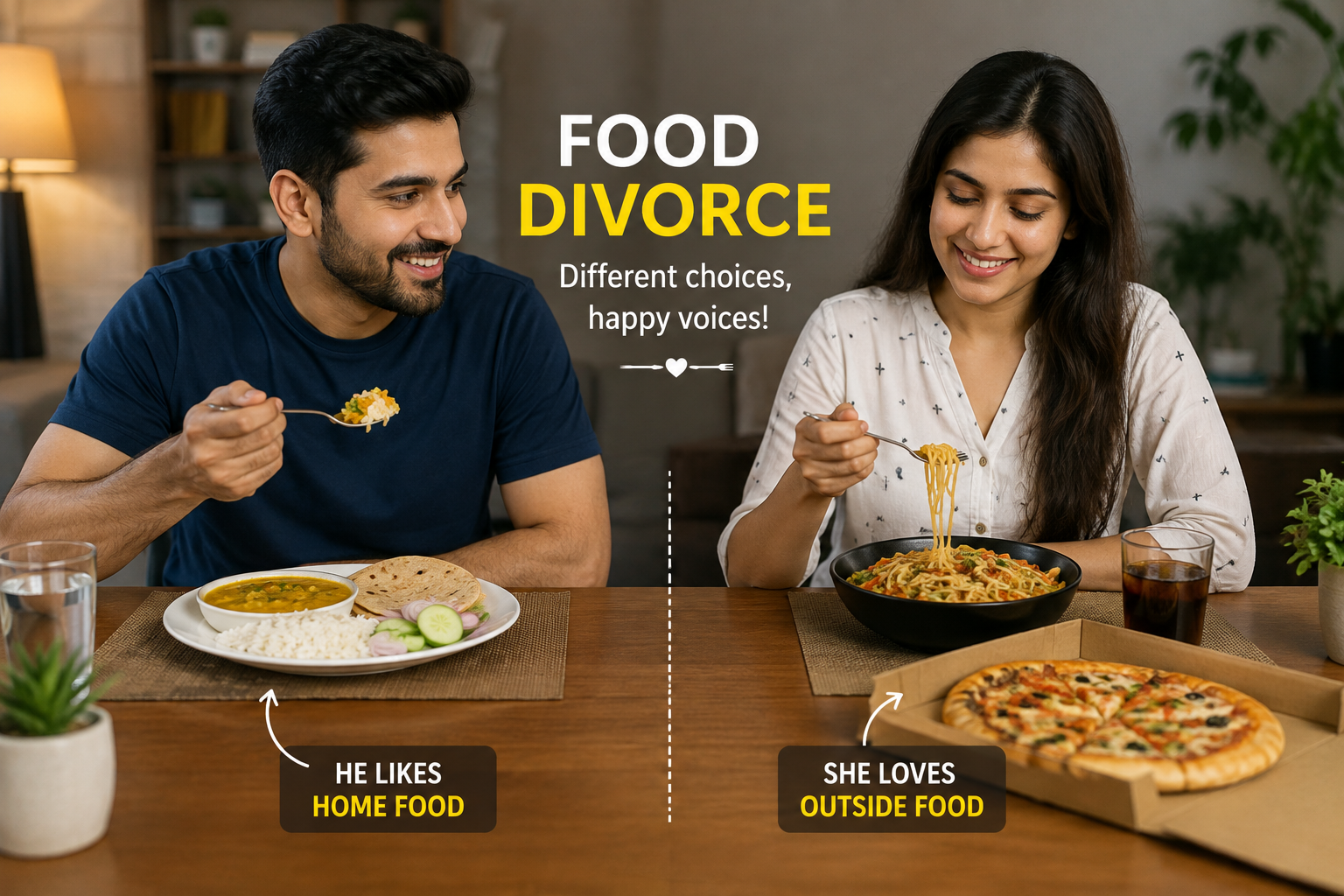 अलग-अलग पसंद का खाना खाते हुए कपल, ‘Food Divorce’ ट्रेंड को दर्शाता दृश्य।