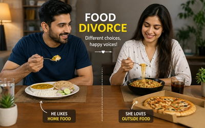 अलग-अलग पसंद का खाना खाते हुए कपल, ‘Food Divorce’ ट्रेंड को दर्शाता दृश्य।