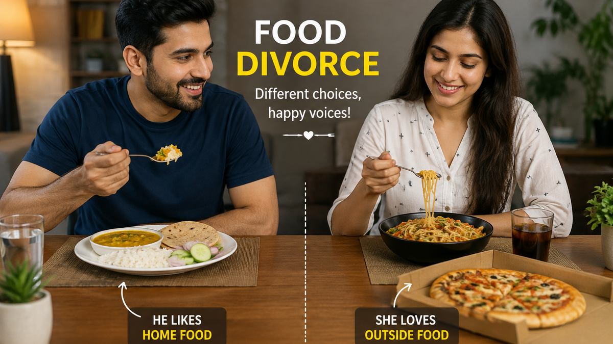 अलग-अलग पसंद का खाना खाते हुए कपल, ‘Food Divorce’ ट्रेंड को दर्शाता दृश्य।