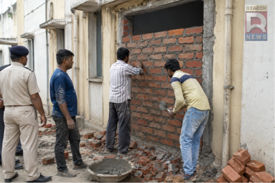 बोकारो स्टील प्लांट टाउनशिप में अवैध कब्जे से मुक्त कराए गए क्वार्टर को दीवार बनाकर सील करते कर्मचारी।