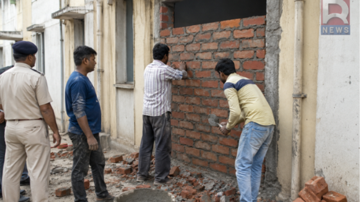 बोकारो स्टील प्लांट टाउनशिप में अवैध कब्जे से मुक्त कराए गए क्वार्टर को दीवार बनाकर सील करते कर्मचारी।