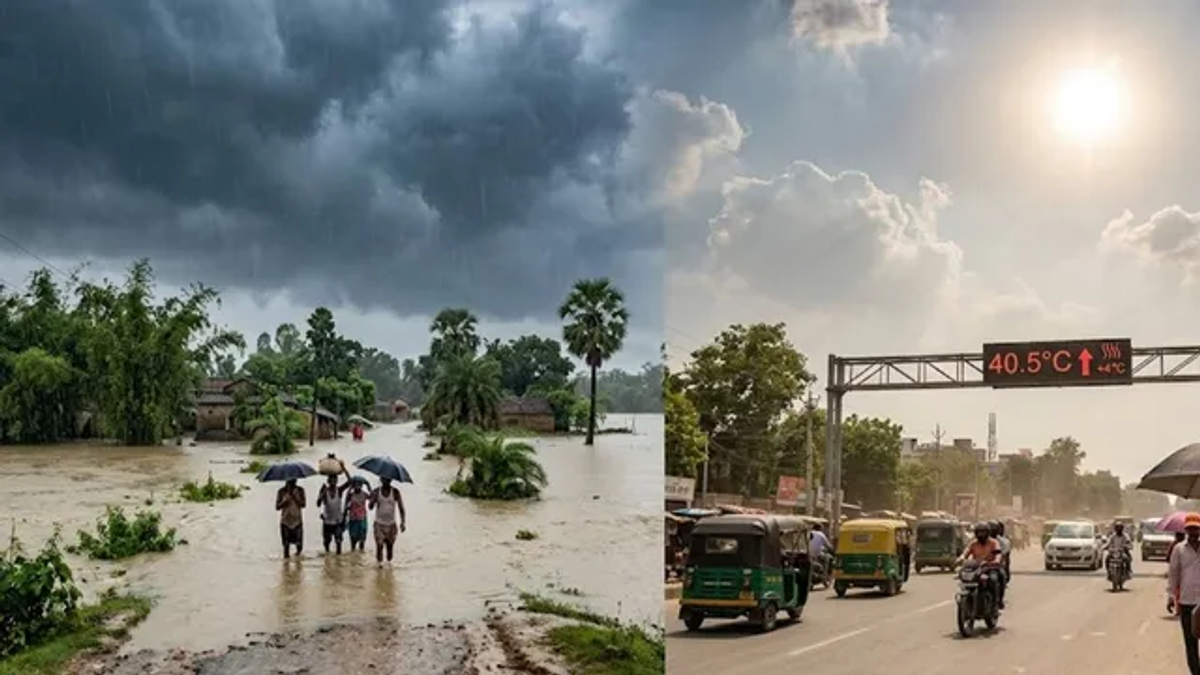 पटना समेत बिहार के कई जिलों में छाए काले बादल और बारिश के बीच सड़क पर चलते वाहन।