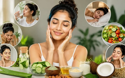 बिना महंगे स्किनकेयर प्रोडक्ट्स के रोजमर्रा की अच्छी आदतों से प्राकृतिक रूप से चमकदार और हेल्दी त्वचा का सांकेतिक चित्र।
