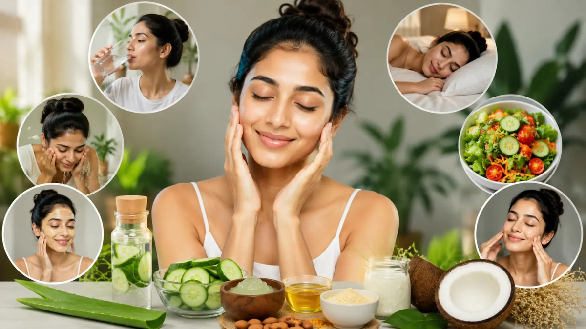 बिना महंगे स्किनकेयर प्रोडक्ट्स के रोजमर्रा की अच्छी आदतों से प्राकृतिक रूप से चमकदार और हेल्दी त्वचा का सांकेतिक चित्र।