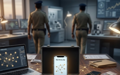 मोबाइल स्क्रीन पर इंस्टेंट लोन ऐप, साइबर फ्रॉड का प्रतीक, डिजिटल डेटा चोरी और पुलिस जांच दर्शाती सांकेतिक तस्वीर।