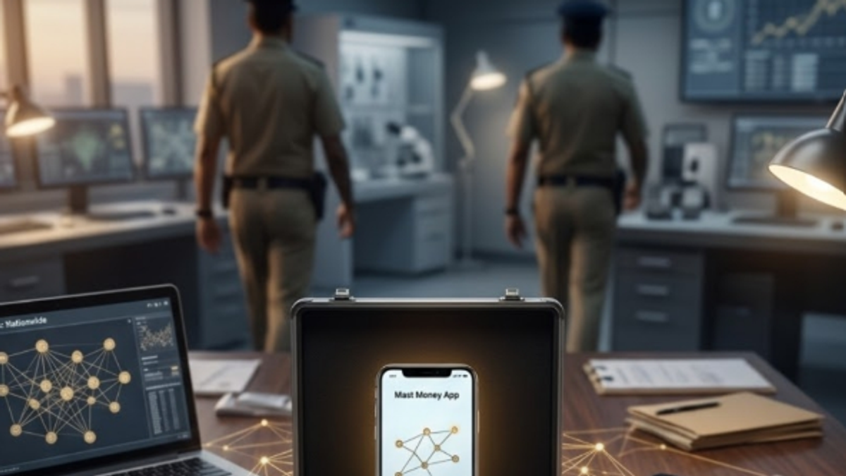 मोबाइल स्क्रीन पर इंस्टेंट लोन ऐप, साइबर फ्रॉड का प्रतीक, डिजिटल डेटा चोरी और पुलिस जांच दर्शाती सांकेतिक तस्वीर।