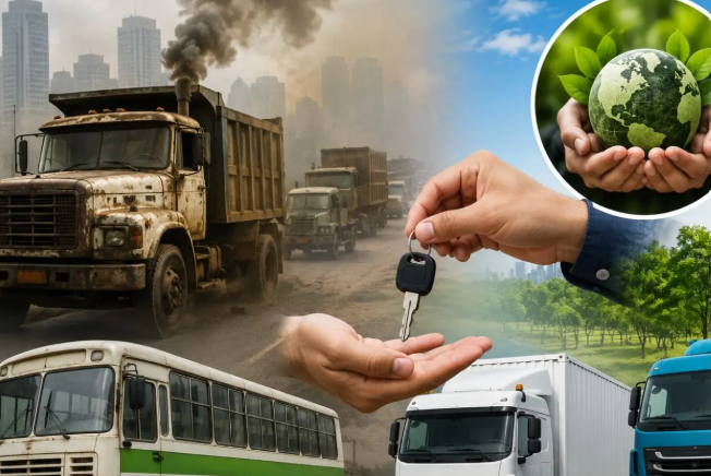 उत्तर प्रदेश के एनसीआर क्षेत्र में परिवर्तन योजना के तहत नई कमर्शियल गाड़ियों पर छूट और पुराने वाहनों को बदलने की सांकेतिक तस्वीर।