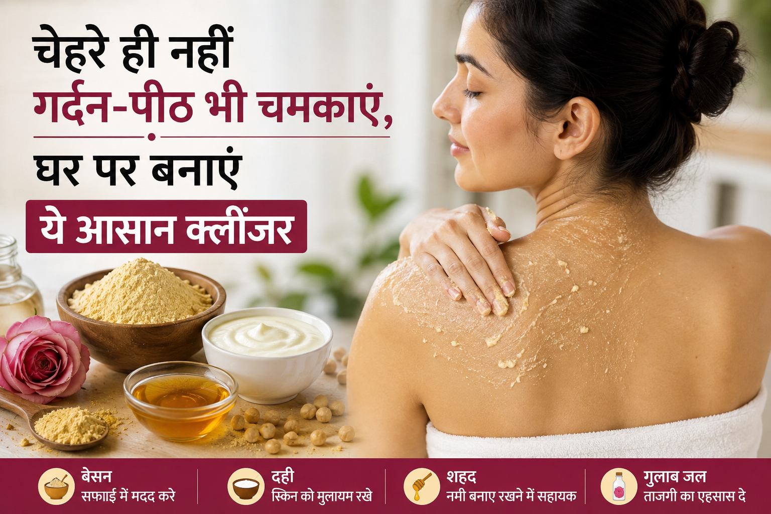 बेसन, दही और शहद से घर पर तैयार किया गया गर्दन और पीठ के लिए होममेड क्लींजर।