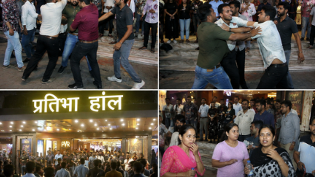 लखनऊ के सिनेमा हॉल के बाहर मारपीट के बाद जुटी भीड़ का सांकेतिक दृश्य