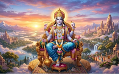 भगवान विष्णु की प्रतिमा के सामने पूजा की थाली, फल, अनाज और दान सामग्री के साथ योगिनी एकादशी पूजा का सांकेतिक दृश्य।