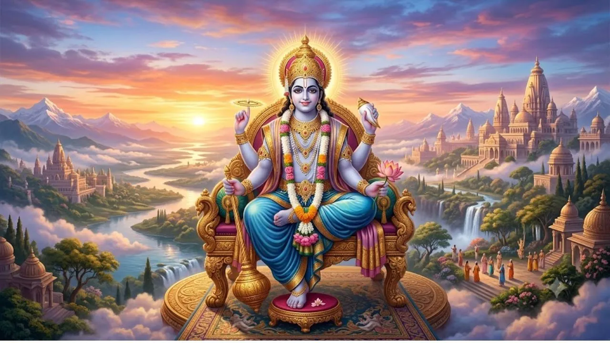 भगवान विष्णु की प्रतिमा के सामने पूजा की थाली, फल, अनाज और दान सामग्री के साथ योगिनी एकादशी पूजा का सांकेतिक दृश्य।