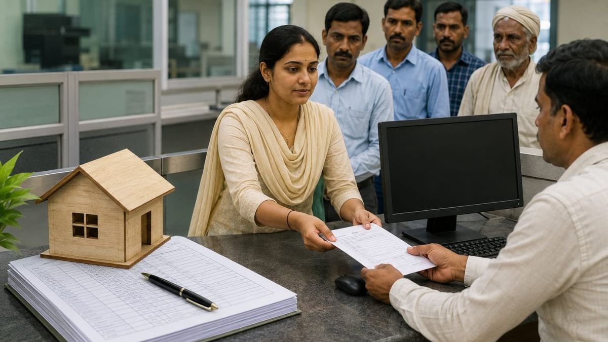 बिहार के RTPS काउंटर पर जमाबंदी सुधार के लिए आवेदन करते नागरिक की प्रतीकात्मक तस्वीर, जिसमें भूमि रिकॉर्ड सुधार और सरकारी सेवा का दृश्य दर्शाया गया है।