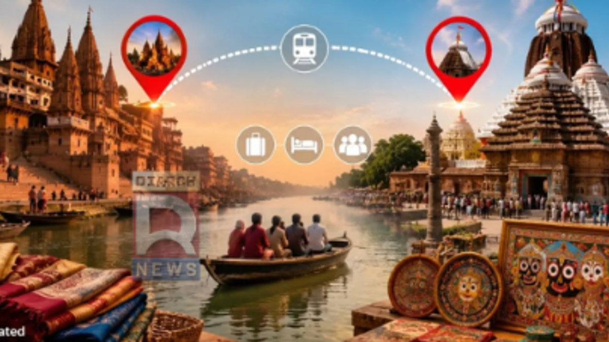 काशी विश्वनाथ और पुरी जगन्नाथ मंदिर को जोड़ते संयुक्त धार्मिक पर्यटन सर्किट का प्रतीकात्मक दृश्य।