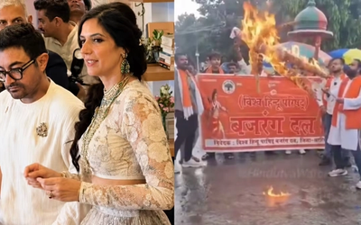 बिहार के फारबिसगंज में आमिर खान की शादी के विरोध में बजरंग दल का प्रदर्शन।