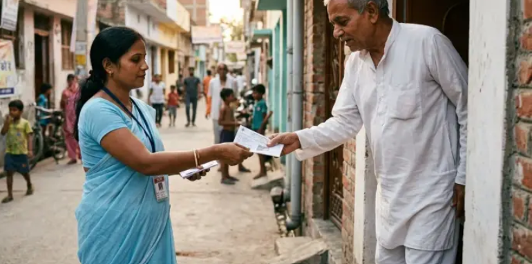 बांकीपुर विधानसभा उपचुनाव को लेकर मतदाता पर्ची वितरित करते BLO और मतदान की तैयारी करते चुनाव अधिकारी।
