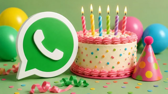 WhatsApp के Birthday Reminder फीचर का ग्राफिक, जिसमें जन्मदिन नोटिफिकेशन और बर्थडे रिमाइंडर दिखाई दे रहा है।