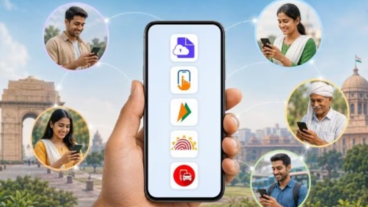 स्मार्टफोन की स्क्रीन पर DigiLocker, UMANG, BHIM, mAadhaar और ABHA जैसे भारत सरकार के आधिकारिक ऐप्स के आइकन दिखाते हुए एक प्रतीकात्मक चित्र।