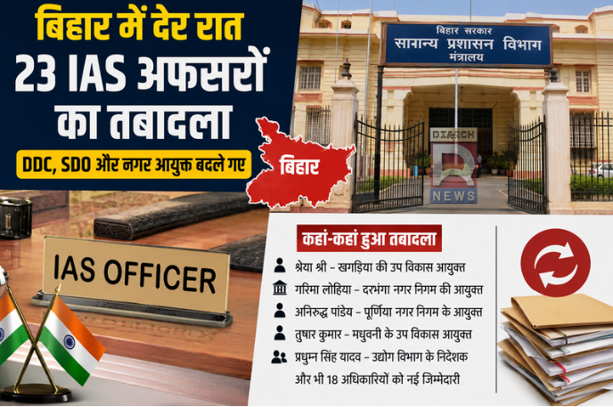 बिहार में 23 IAS अधिकारियों के तबादले को दर्शाता प्रशासनिक न्यूज विजुअल