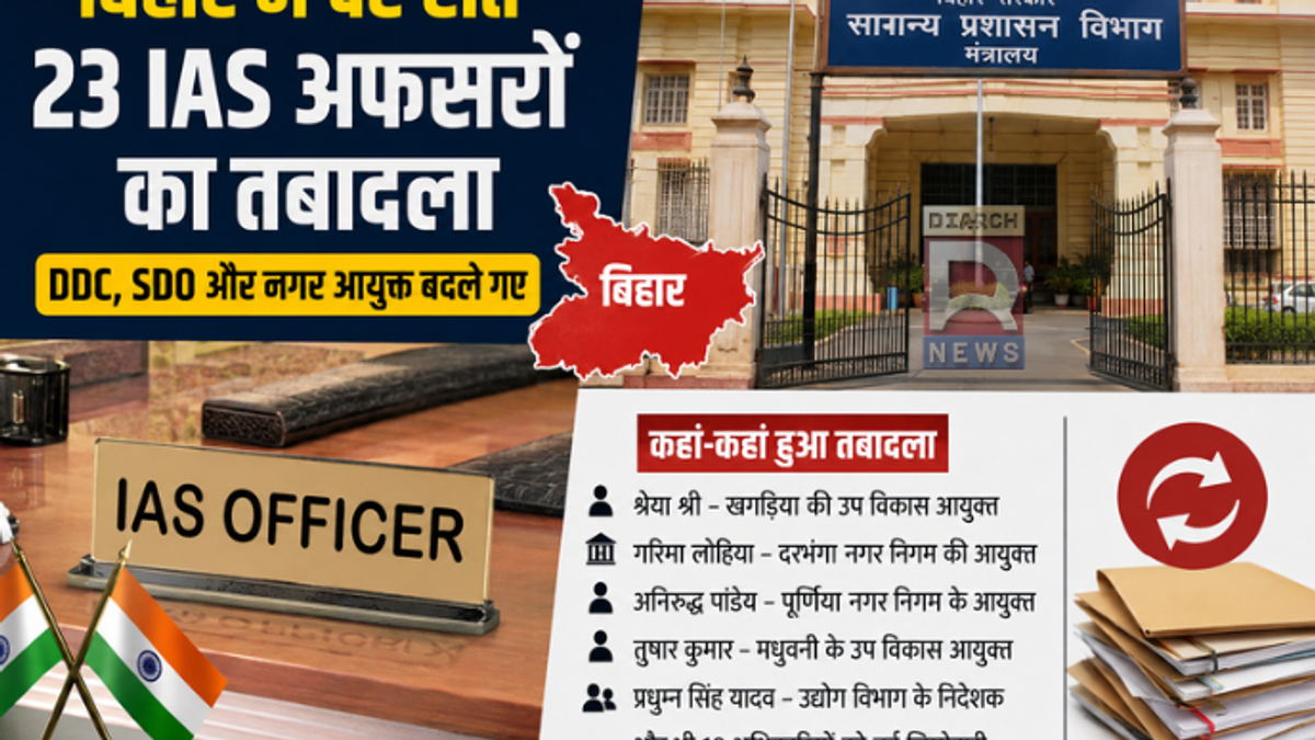 बिहार में 23 IAS अधिकारियों के तबादले को दर्शाता प्रशासनिक न्यूज विजुअल
