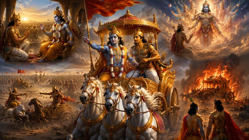 महाभारत युद्ध में अर्जुन के रथ के सारथी बने भगवान श्रीकृष्ण का दिव्य दृश्य।