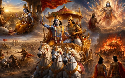 महाभारत युद्ध में अर्जुन के रथ के सारथी बने भगवान श्रीकृष्ण का दिव्य दृश्य।