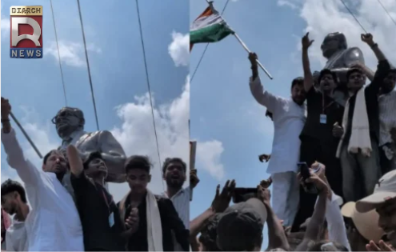 पटना के गांधी मैदान के पास बिहार बंद के दौरान मोबाइल टावर पर चढ़े छात्र और प्रदर्शन स्थल पर तिरंगा लेकर पहुंचे तेजप्रताप यादव।