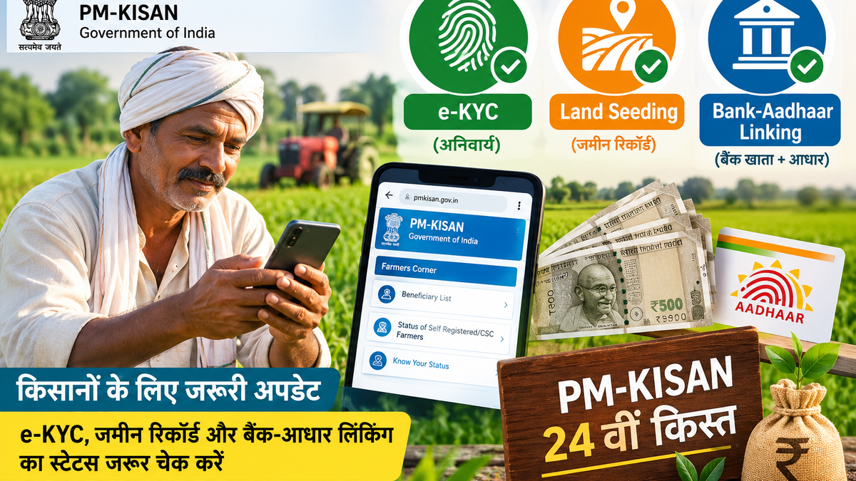 किसान मोबाइल पर PM-KISAN की 24वीं किस्त का स्टेटस और e-KYC जांचते हुए।