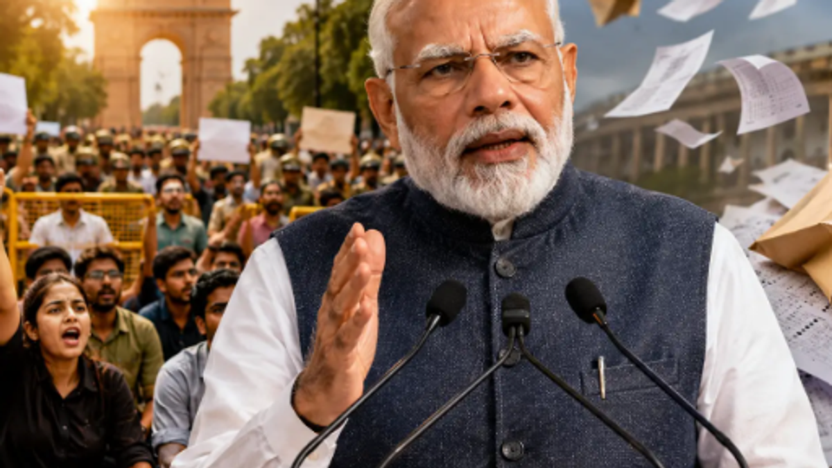 NEET पेपर लीक मामले पर फास्ट ट्रैक कोर्ट की घोषणा करते प्रधानमंत्री नरेंद्र मोदी का सांकेतिक चित्र।