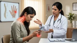 मोबाइल फोन का उपयोग करते समय झुककर बैठा युवक, 'टेक नेक' सिंड्रोम और गर्दन दर्द की समस्या को दर्शाती प्रतीकात्मक तस्वीर।