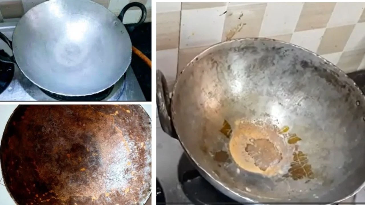 बारिश के मौसम में जंग लगे लोहे के तवे और कड़ाही को नींबू, नमक और बेकिंग सोडा से साफ करते हुए सांकेतिक तस्वीर।