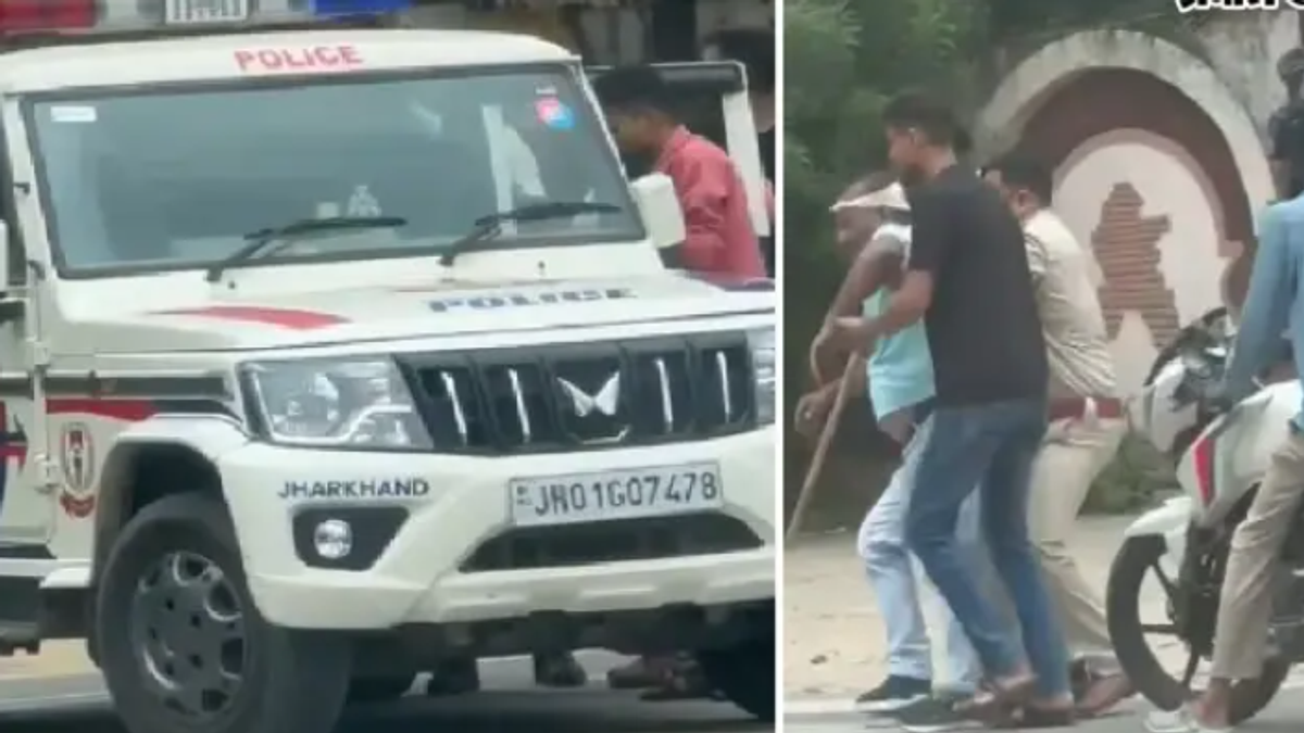 रांची के मोरहाबादी में वाहन जांच के दौरान पुलिस चालक को टक्कर मारने के बाद फरार हुई थार एसयूवी की जांच करती पुलिस।