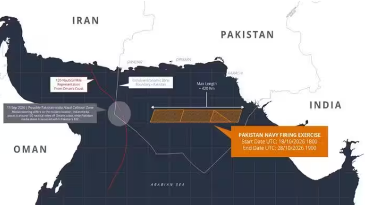 INS Kolkata और Pakistan Navy के PNS Hunain की collision के बाद Arabian Sea में Live Firing NOTAM