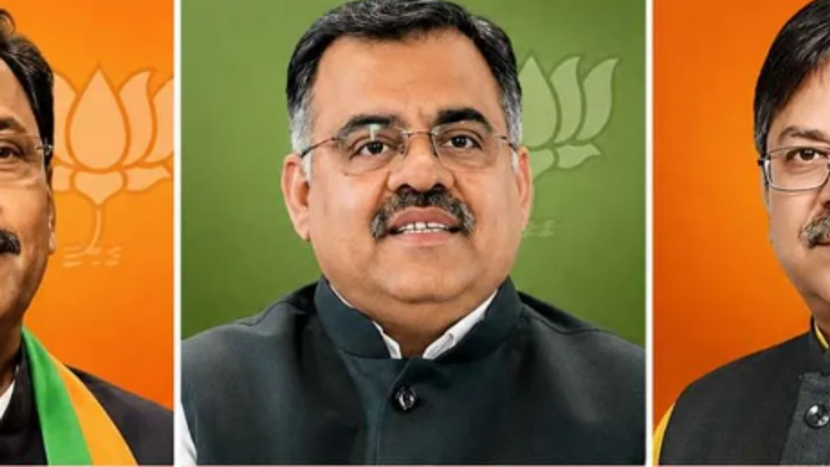भाजपा के नए प्रदेश प्रभारियों विनोद तावड़े, सतीश पूनिया और तरुण चुघ की तस्वीर