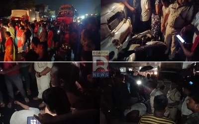 बालीडीह एनएच-23 पर पिकअप वैन की चपेट में आने के बाद सड़क किनारे क्षतिग्रस्त बाइक और पुलिस जांच का दृश्य।